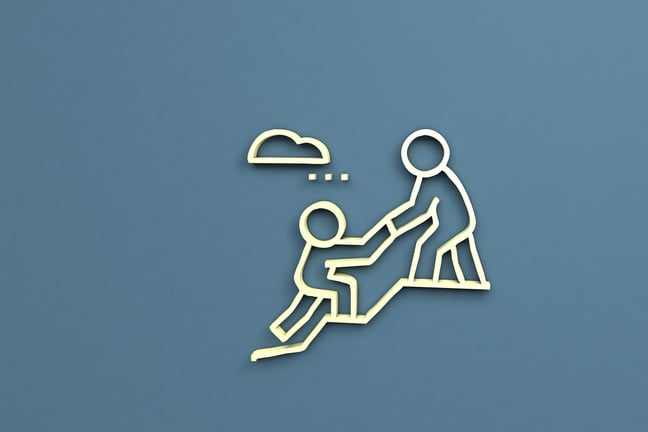 An illustration of a person mentoring another person to climb up the stairs. this highlights the importance of mentoring in food factory operations.