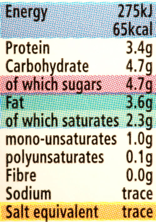 Nutritional information on the food packaging, giving details of energy, protein, carbohydrates, sugar, fat, sodium, fibre.